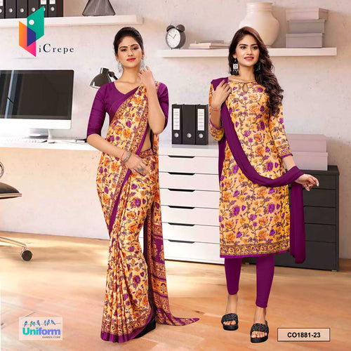 Orange and Wine Women's Premium Silk Crepe Floral Print Jewellery Formal Wear Uniform Saree Salwar Combo