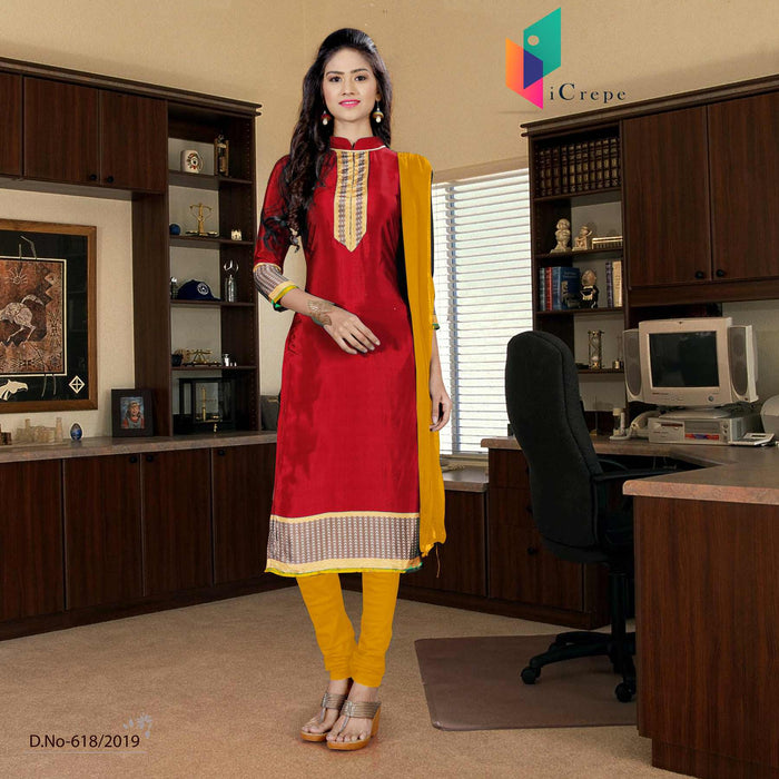 Maroon And Yellow Italian Crepe Silk College Uniform Salwar Kameez