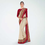 Beige and Navy Blue Women's Premium Manipuri Cotton Plain Gaala Border Showroom Uniform Saree