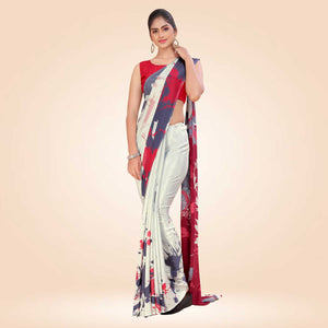 White and Maroon Women's Premium Italian Silk Digital Print Uniform Sarees for Nurses With Blouse Piece