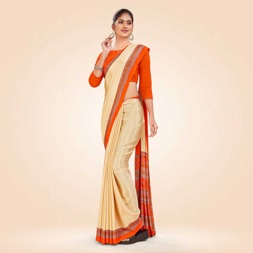 Beige and Turquoise Women's Premium Italian Silk Discipline Day Anganwadi Uniform Saree