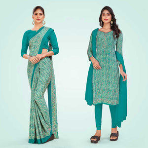 Turquoise Women's Premium Italian Silk Ikat Print Factory Workers Uniform Saree Salwar Combo