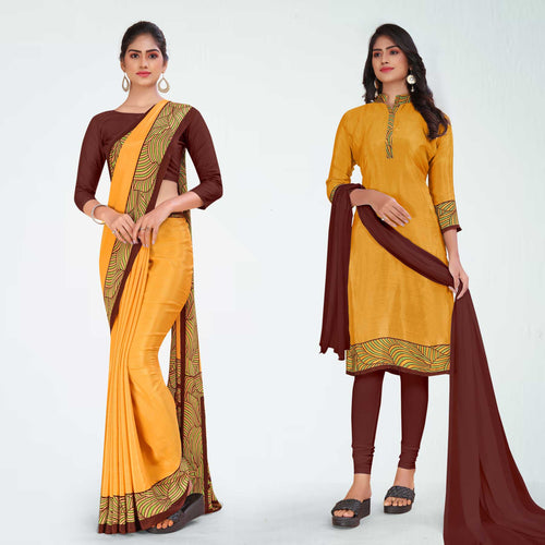 Mehandi and Brown Women's Premium Italian Silk Plain Gaala Border Nurses Uniform Saree Salwar Combo