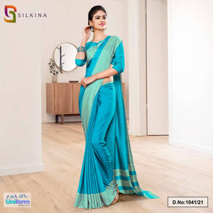 Peacock Blue Plain Border Premium Polycotton Raw Silk Saree For Front Office Uniform Sarees