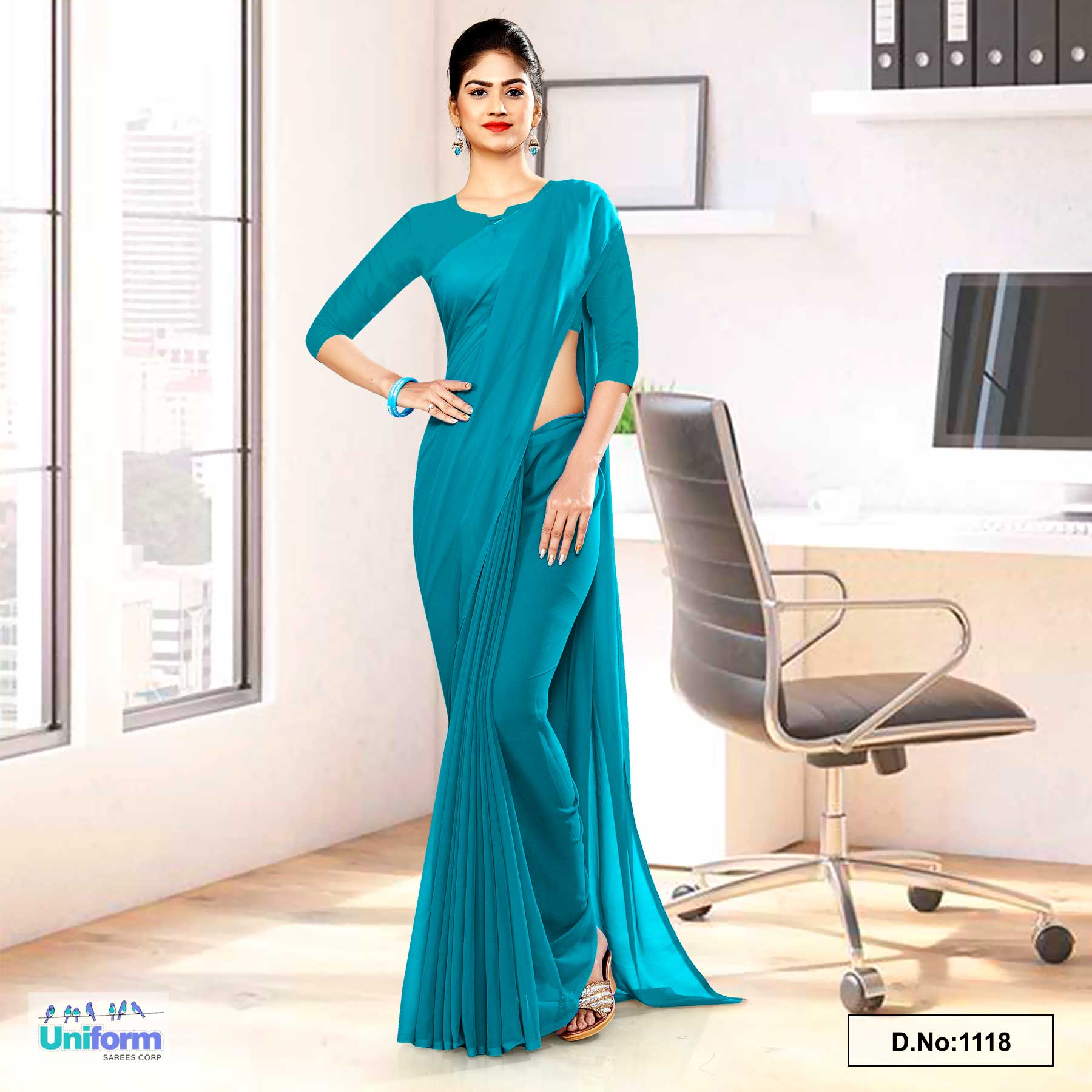 Peacock Green Soft Georgette Plain Uniform Sarees For Hotel Staff Peacock Green Soft Georgette Plain Uniform Sarees For Hotel Staff