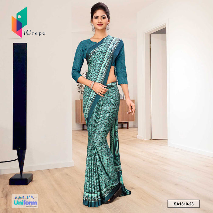 Peacock Blue Women's Premium Silk Crepe Pochampalli Print Employees Uniform Sarees With Blouse Piece