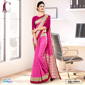 Pink Wine Plain Border Premium Polycotton Cotfeel Saree For Factory Uniform Sarees