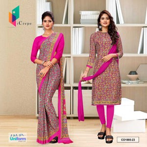 Pink Women's Premium Italian Silk Paisley Print Uniform Saree Salwar Combo for Office Staff