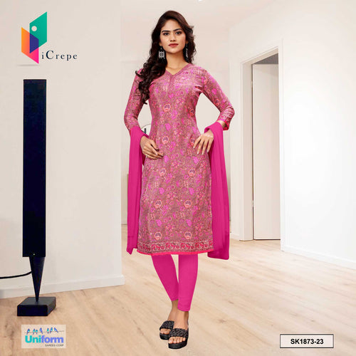 Pink Women's Premium Silk Crepe Floral Print Jewellery Formal Wear Uniform Salwar Kameez