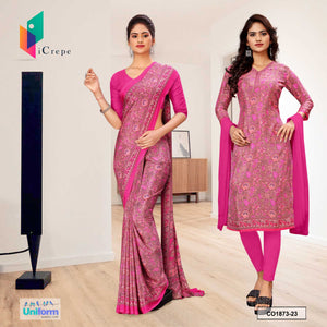 Pink Women's Premium Silk Crepe Floral Print Jewellery Formal Wear Uniform Saree Salwar Combo