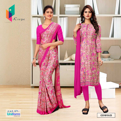 Pink Women's Premium Silk Crepe Floral Print Nurse Uniform Saree Salwar Combo