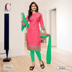 Pink and Green Women's Premium Manipuri Cotton Plain Border Hotel Uniform Salwar Kameez