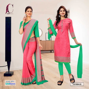Pink and Green Women's Premium Manipuri Cotton Plain Border Hotel Uniform Saree Salwar Combo