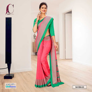 Pink and Green Women's Premium Manipuri Cotton Plain Border Hotel Uniform Sarees With Blouse Piece