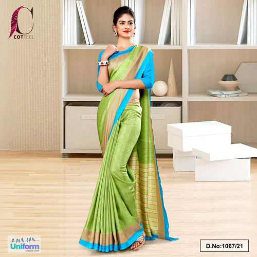 Pistachio Sky Blue Plain Border Premium Polycotton Cotfeel Saree For Showroom Uniform Sarees