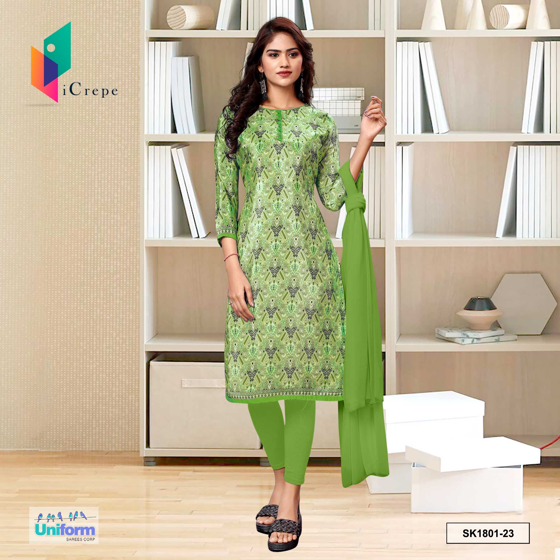 Pistachio Green Women's Premium Italian Silk Ikat Print School Teacher Uniform Sarees Pistachio Green Women's Premium Italian Silk Ikat Print School Teacher Uniform Sarees