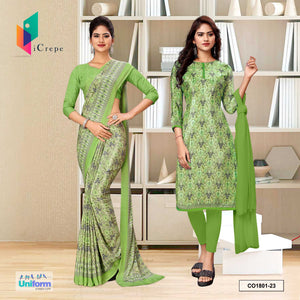Pistachio Green Women's Premium Italian Silk Ikat Print School Teacher Uniform Saree Salwar Combo