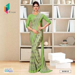 Pistachio Green Women's Premium Italian Silk Ikat Print School Teacher Uniform Sarees With Blouse Piece