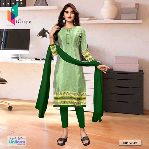 Pistachip and Bottle Green Women's Premium Silk Crepe Plain Border Air Hostess Uniform Salwar Kameez