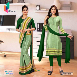 Pistachip and Bottle Green Women's Premium Silk Crepe Plain Border Air Hostess Uniform Saree Salwar Combo