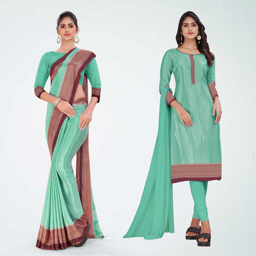 Pistachio and Brown Women's Premium Silk Chiffon Small Butty Housekeeping Uniform Saree Salwar Combo