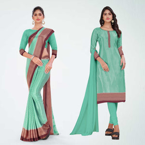 Aqua Green and Crimson Pink Women's Premium Silk Chiffon Small Butty College Uniform Saree Salwar Combo