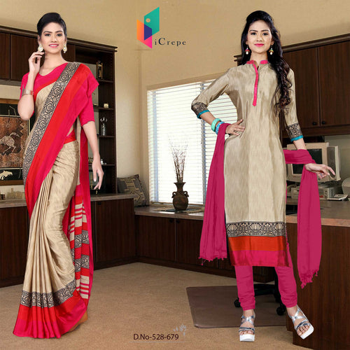 Beige and Rani Women's Premium Silk Chiffon Plain Gala Border Receptionists Uniform Sarees Salwar Combo