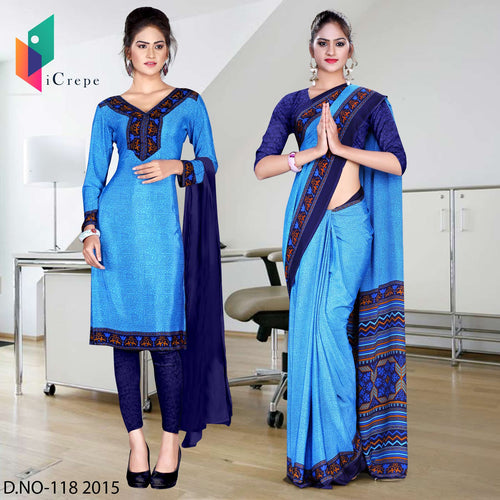 Blue and Navy Blue Women's Premium Italian Silk Discipline Day Factory Uniform Sarees Salwar Combo