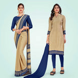 Beige and Navy Blue Women's Premium Italian Silk Small Butty Front Office Uniform Saree Salwar Combo