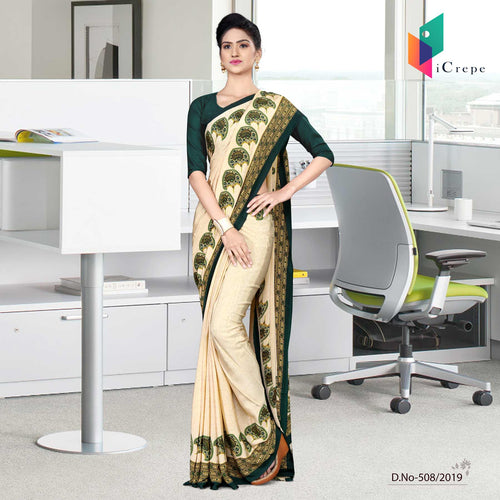 Off White And Green Italian Crepe Silk Female Staff Uniform Saree