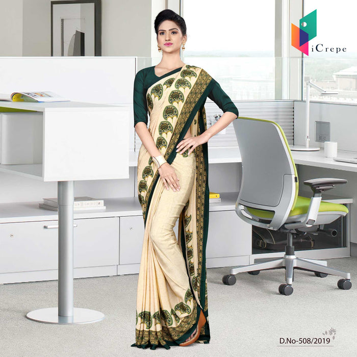 Off White And Green Italian Crepe Silk Female Staff Uniform Saree