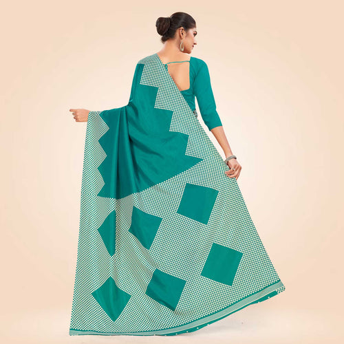 Turquoise Women's Premium Mulberry Silk Plain Gaala Border College Uniform Saree