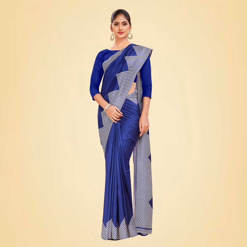 Navy Blue Women's Premium Mulberry Silk Plain Gaala Border Housekeeping Uniform Saree