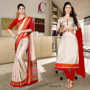 Beige and Red Women's Premium Manipuri Cotton Plain Gala Border School Uniform Sarees Salwar Combo