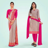 Beige and Maroon Women's Premium Silk Chiffon Small Butty Women's Uniform Saree Salwar Combo