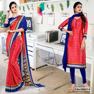 Tomato Ink Blue Women's Premium Silk Chiffon Discipline Day Uniform Sarees Salwar Combo For Staff Uniform