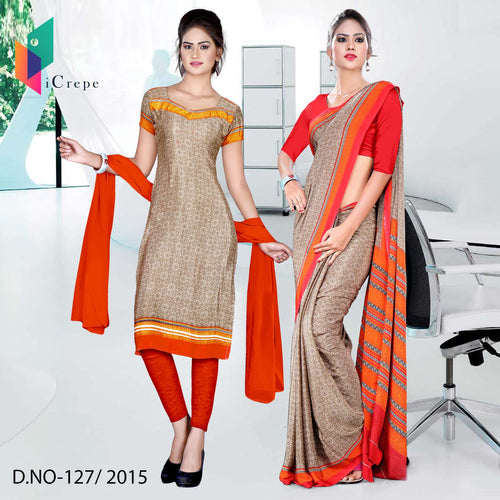 Brown and Red Women's Premium Italian Silk Discipline Day School Teachers Uniform Sarees Salwar Combo