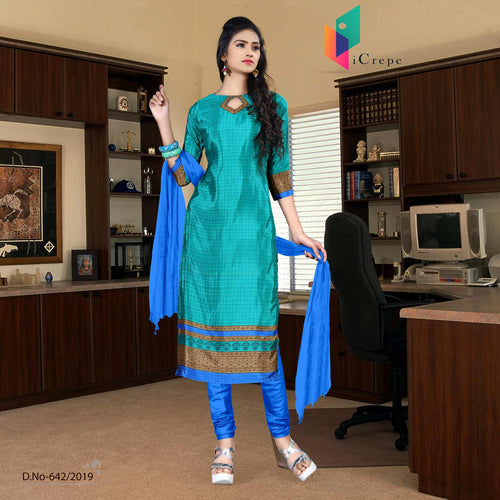 Green And Blue Women's Premium Italian Crepe Silk Hotel Uniform Salwar Kameez