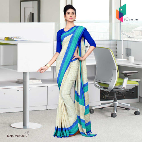 Off White And Blue Italian Crepe Silk Ladies Uniform Saree