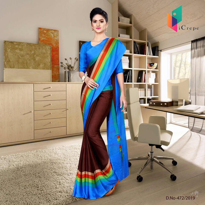 Coffee And Blue Italian Crepe Silk Hospital Uniform Saree