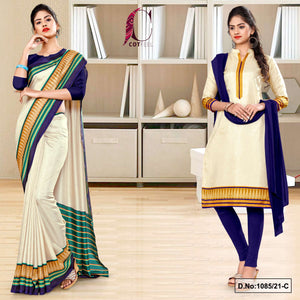 Beige Navy Blue Women's Premium Manipuri Cotton Uniform Sarees Salwar Combo For Showroom Uniform