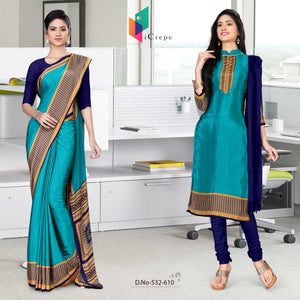 Turquoise and Navy Blue Women's Premium Italian Silk Plain Gala Border School Teachers Uniform Sarees Salwar Combo