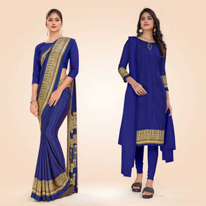 Navy Blue and Beige Women's Premium Italian Silk Plain Gaala Border Students Uniform Saree Salwar Combo