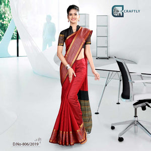 Red And Black  Craftly Cotton Corporate Uniform Saree