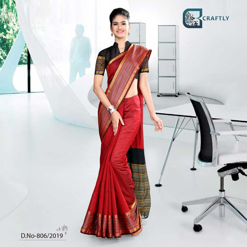 Red And Black  Craftly Cotton Corporate Uniform Saree