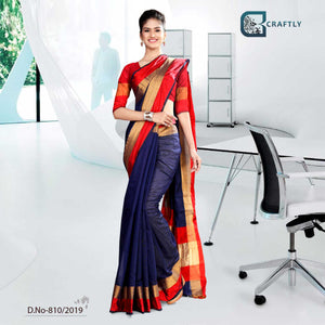 Red And Dark Blue Craftly Cotton Unifrom Saree For Institute
