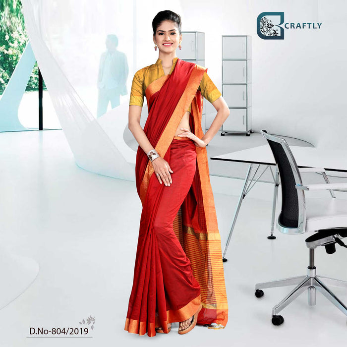 Red And Yellow  Craftly Cotton School Uniform Saree