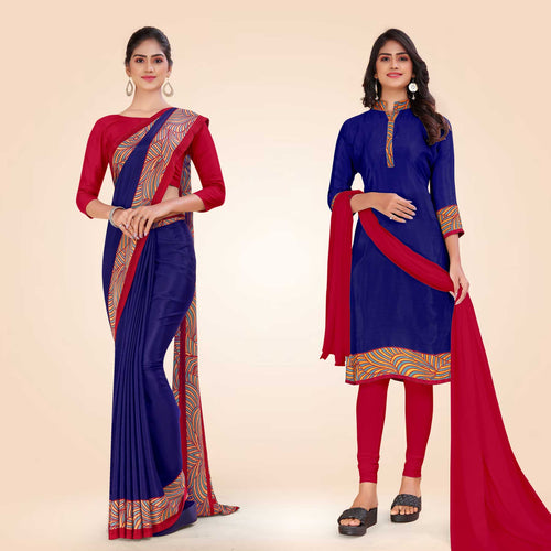 Yellow and Maroon Women's Premium Italian Silk Plain Gaala Border College Uniform Saree Salwar Combo