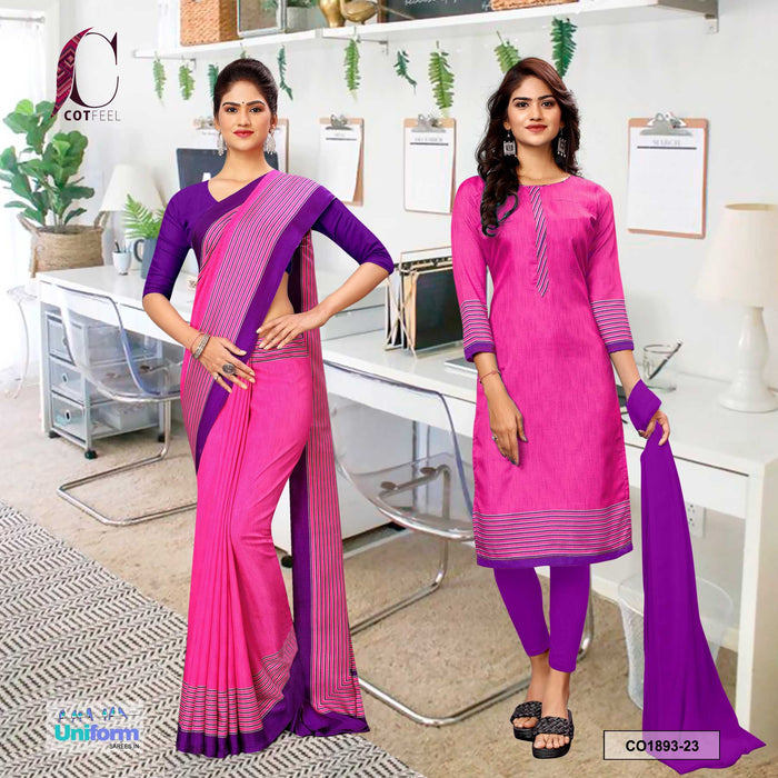 Rani and Lavender Women's Premium Manipuri Cotton Plain Border Showroom Uniform Saree Salwar Combo