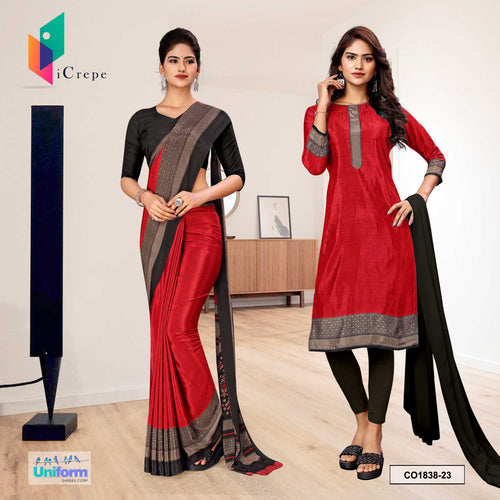 Red and Black Women's Premium Silk Crepe Plain Border School Uniform Saree Salwar Combo